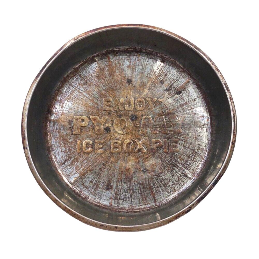 PY-O-MY Ice Box Pie Round Pie Pan Tin Rustic Bakeware Advertising Decor MCM